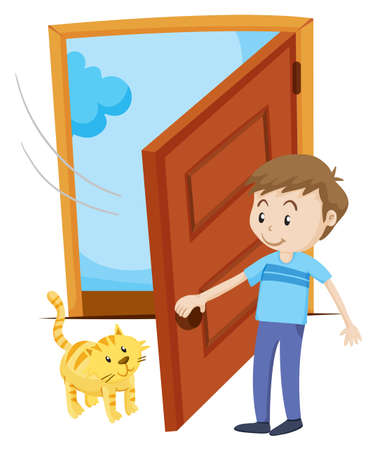 Man open the door for pet cat illustrationのイラスト素材