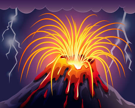 Volcano on thunderstorms night illustrationのイラスト素材