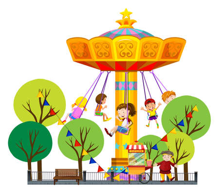 Children riding on giant swing at the park illustrationのイラスト素材