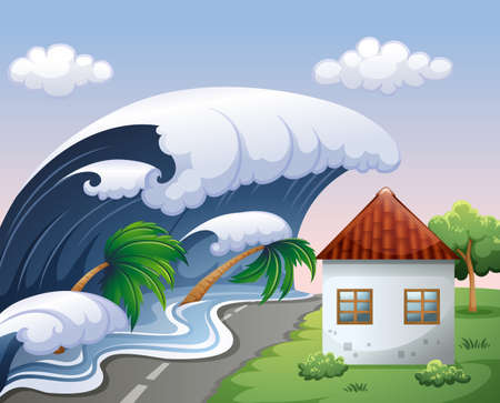 Tsunami with big waves over the house illustrationのイラスト素材