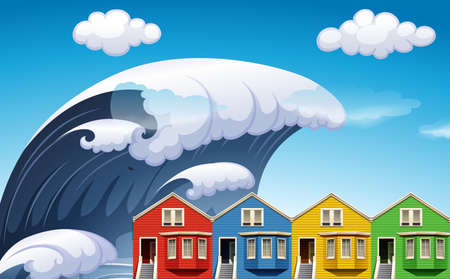 Tsunami with big waves over houses illustrationのイラスト素材