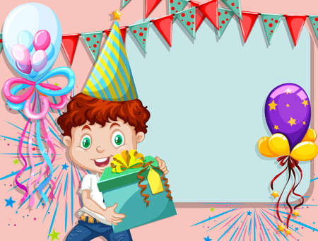 Border design with boy and present illustrationのイラスト素材