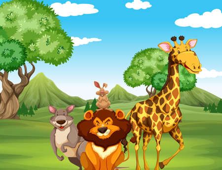 Wild animals on the field illustrationのイラスト素材