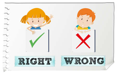 Opposite adjectives right and wrong illustrationのイラスト素材