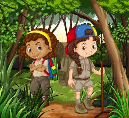 Girls hiking out in the woods illustrationのイラスト素材