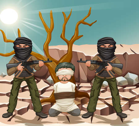 Two terrorists with gun and a victim illustrationのイラスト素材