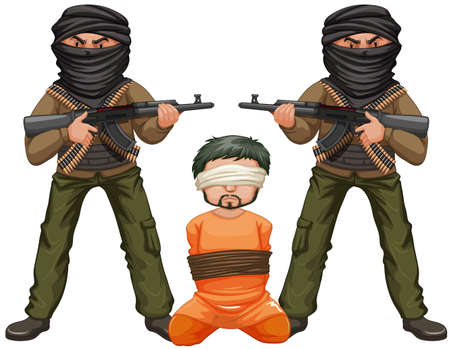 Two terrorists with guns and a victim illustrationのイラスト素材