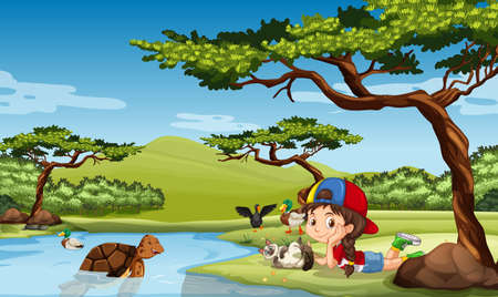 Girl and animals in the field illustrationのイラスト素材