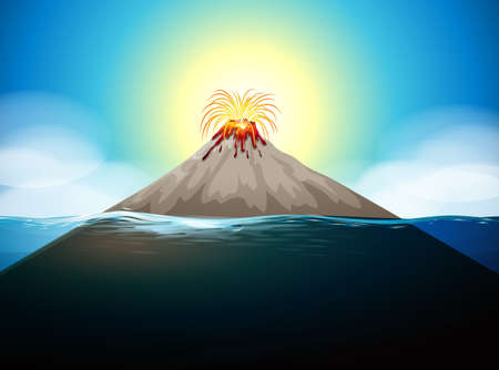 Volcano eruption in the middle of the sea illustrationのイラスト素材