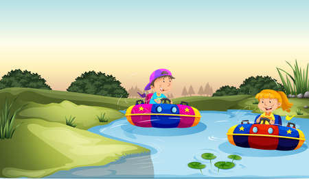 Children riding on rubber boats illustrationのイラスト素材