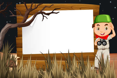 Border design with boy in the field illustrationのイラスト素材