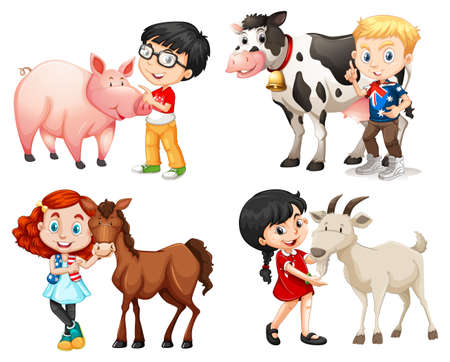Boys and girls with farm animals illustrationのイラスト素材