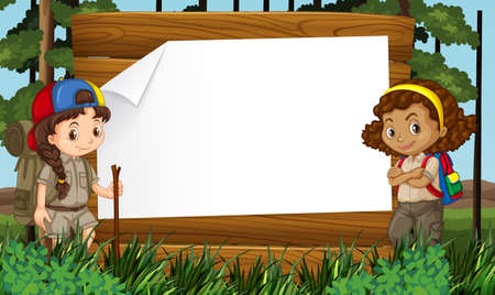 Border design with two girls camping out illustrationのイラスト素材