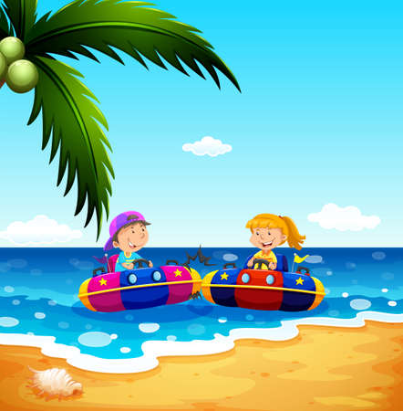 Girl and boy riding on rubber boat  illustrationのイラスト素材