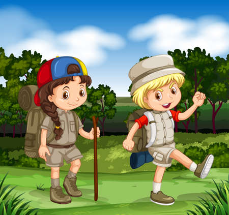 Boy and girl hiking in the park illustrationのイラスト素材