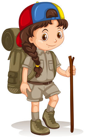 Girl with backpack and walking stick illustrationのイラスト素材