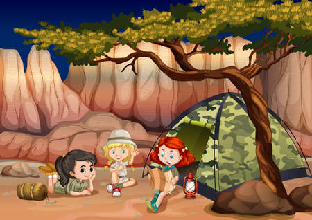 Girls camping out in the canyon illustrationのイラスト素材