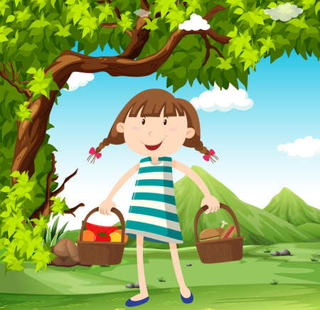 Girl with basket of food in the field illustrationのイラスト素材
