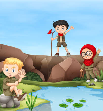 Children camping out by the river illustrationのイラスト素材