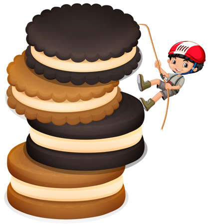 Little boy climbing up stack of cookies illustrationのイラスト素材