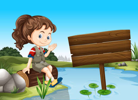 Girl sitting by the river illustrationのイラスト素材