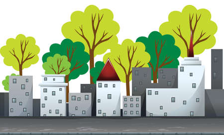Buildings and trees on the road illustrationのイラスト素材