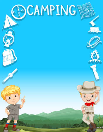 Border design with boys in camping outfit illustrationのイラスト素材