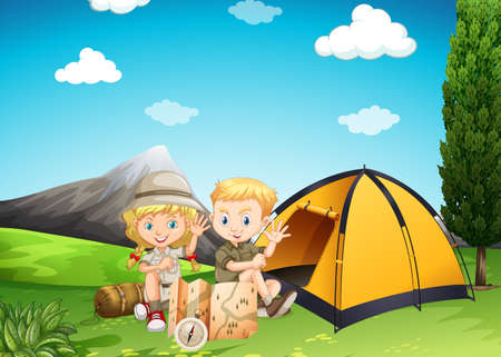 Boy and girl camping in the park illustrationのイラスト素材