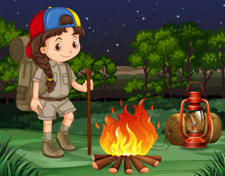 Little girl standing by the campfire illustrationのイラスト素材