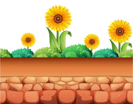 Sunflowers and bush on the ground illustrationのイラスト素材