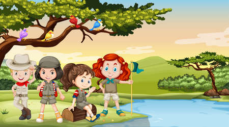 Children camping out by the river illustrationのイラスト素材