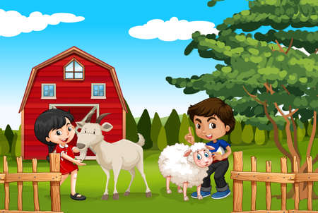 Boy and girl with farm animals in the farm illustrationのイラスト素材