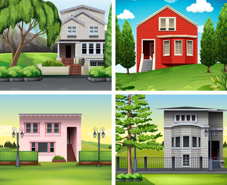 Four scenes of houses and lawn illustrationのイラスト素材