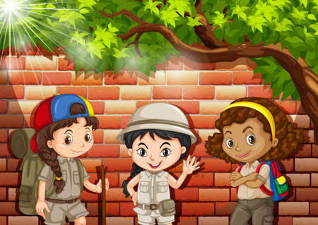 Three girls in camping suit illustration