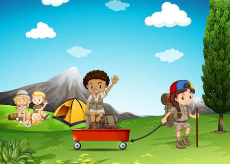 Children camping and playing in the field illustrationのイラスト素材