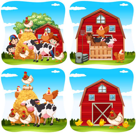 Children and farm animals on the farm illustrationのイラスト素材