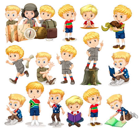 Blond boy doing different activities illustrationのイラスト素材