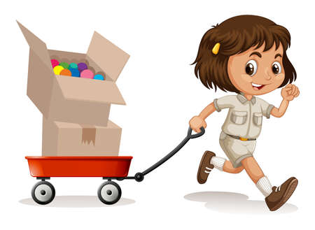 Little girl pulling cart with two boxes illustrationのイラスト素材