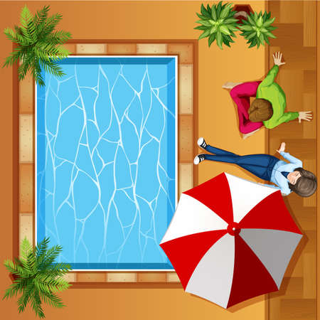 Top view of people sitting by the pool illustrationのイラスト素材