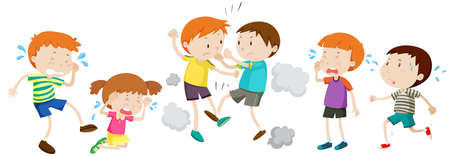 Unhappy boy crying and fighting illustrationのイラスト素材
