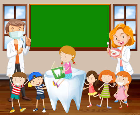 Dentists teaching children about cleaning teeth illustrationのイラスト素材