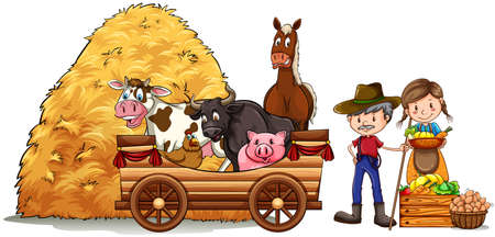 Farmers and farm animals illustrationのイラスト素材