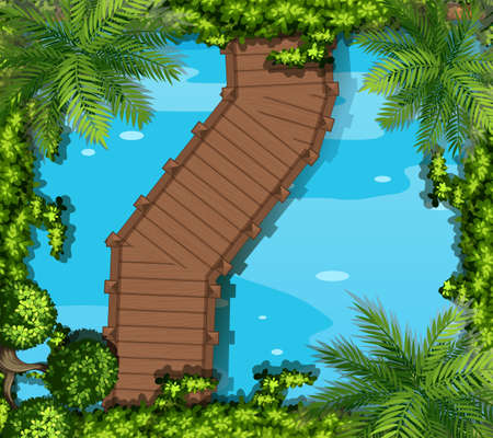 Top view of bridge and pond illustrationのイラスト素材