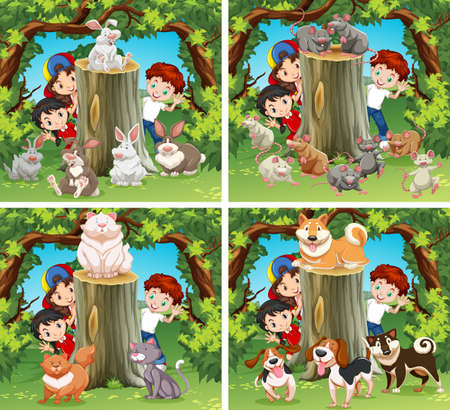 Children and wild animals in the forest illustrationのイラスト素材