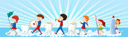 Children in band doing parade with tooth illustrationのイラスト素材