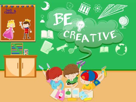 Children reading book in the room illustrationのイラスト素材