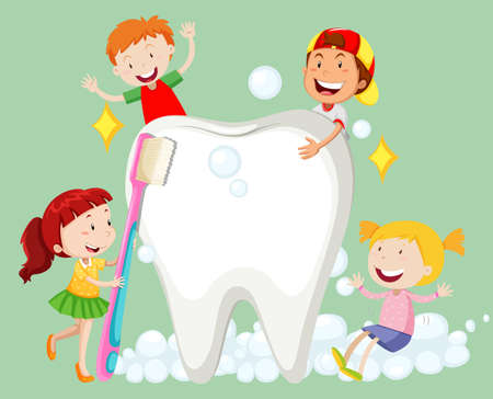 Children cleaning tooth with toothbrush illustrationのイラスト素材
