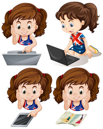 Girl using computer and tablet illustrationのイラスト素材