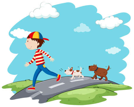 Man walking dogs on the street illustrationのイラスト素材