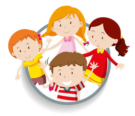 Boys and girls in round badge illustrationのイラスト素材
